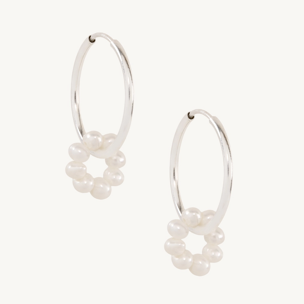 Pearl Flower Silver Hoop (Single)