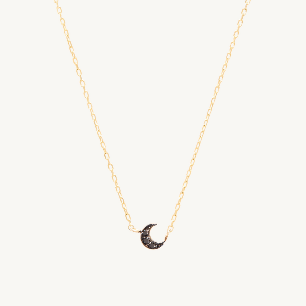 Tiny Crescent Moon Necklace, Black Diamond
